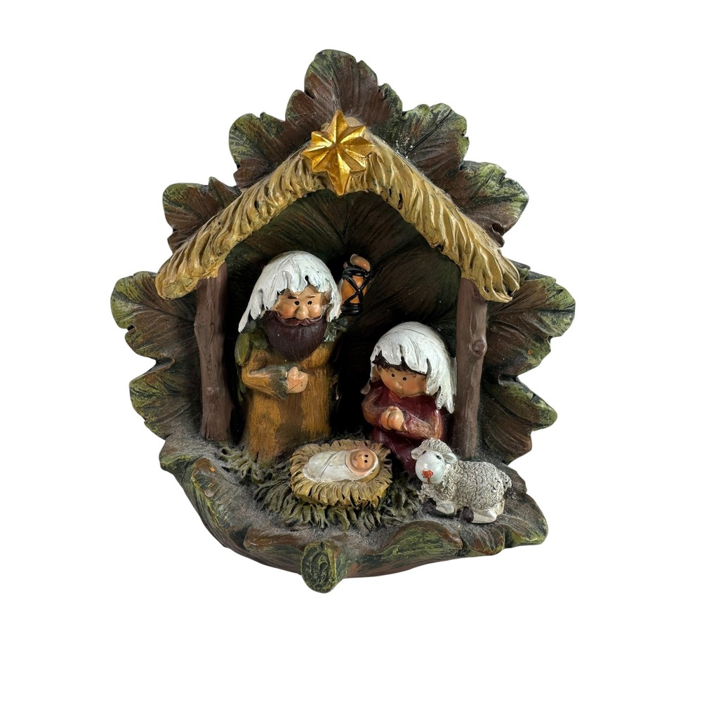 TII Collections Resin Children Holy Family Nativity Leaf Grotto  Green Brown
